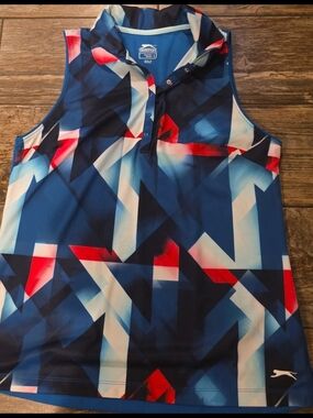 Slazenger Ladies Golf Sleeveless Geometric Polo Shirt - Blue Red White